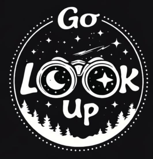 Go Look Up astronomy outreach logo: binoculars showing the Moon and stars