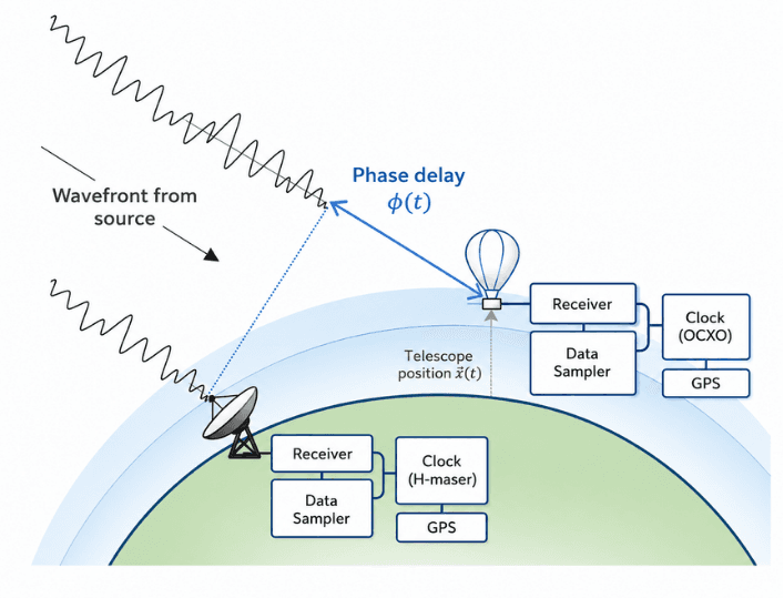BVEX observing geometry: a wavefront from a distant source arrives at a ground dish and at a balloon-borne telescope, separated by a phase delay. Each station has a receiver, a data sampler and a clock, an H-maser on the ground and an OCXO on the balloon, both referenced to GPS.