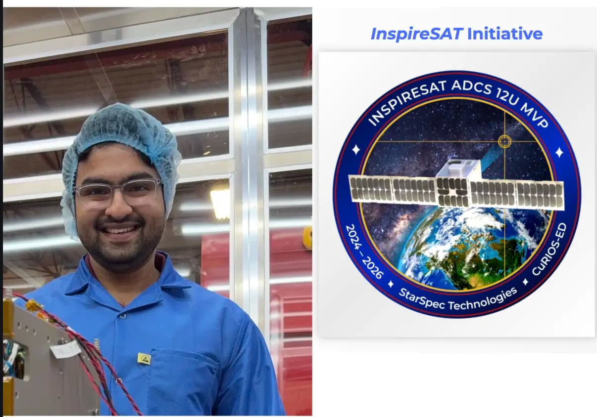 Mayukh Bagchi with InspireSAT flight hardware and InspireSAT Initiative mission patch